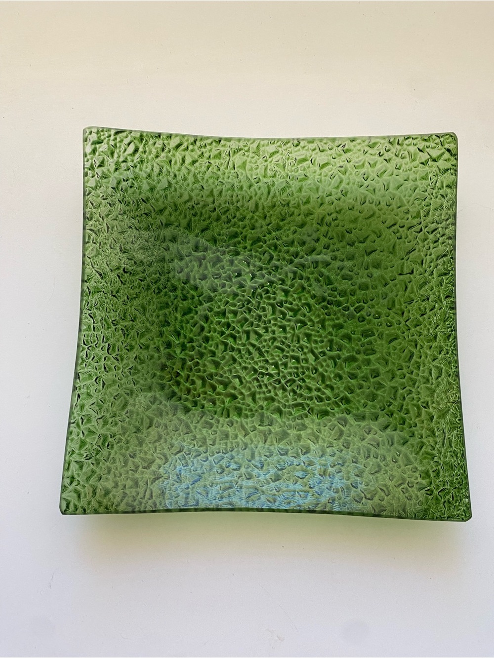Vintage Mid-Century Avocado Green Textured Glass Catch-All Dish Tray - 6"x6"
